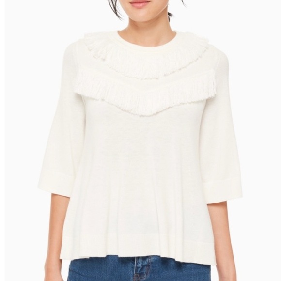 KATE SPADE neutral scoop neck fringe sweater - Picture 1 of 5